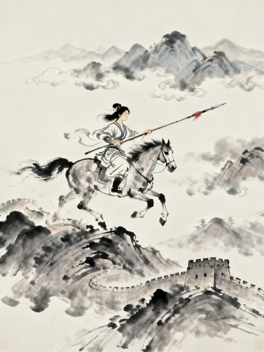 木兰骑马奔赴战场，跨越关山的英勇场景