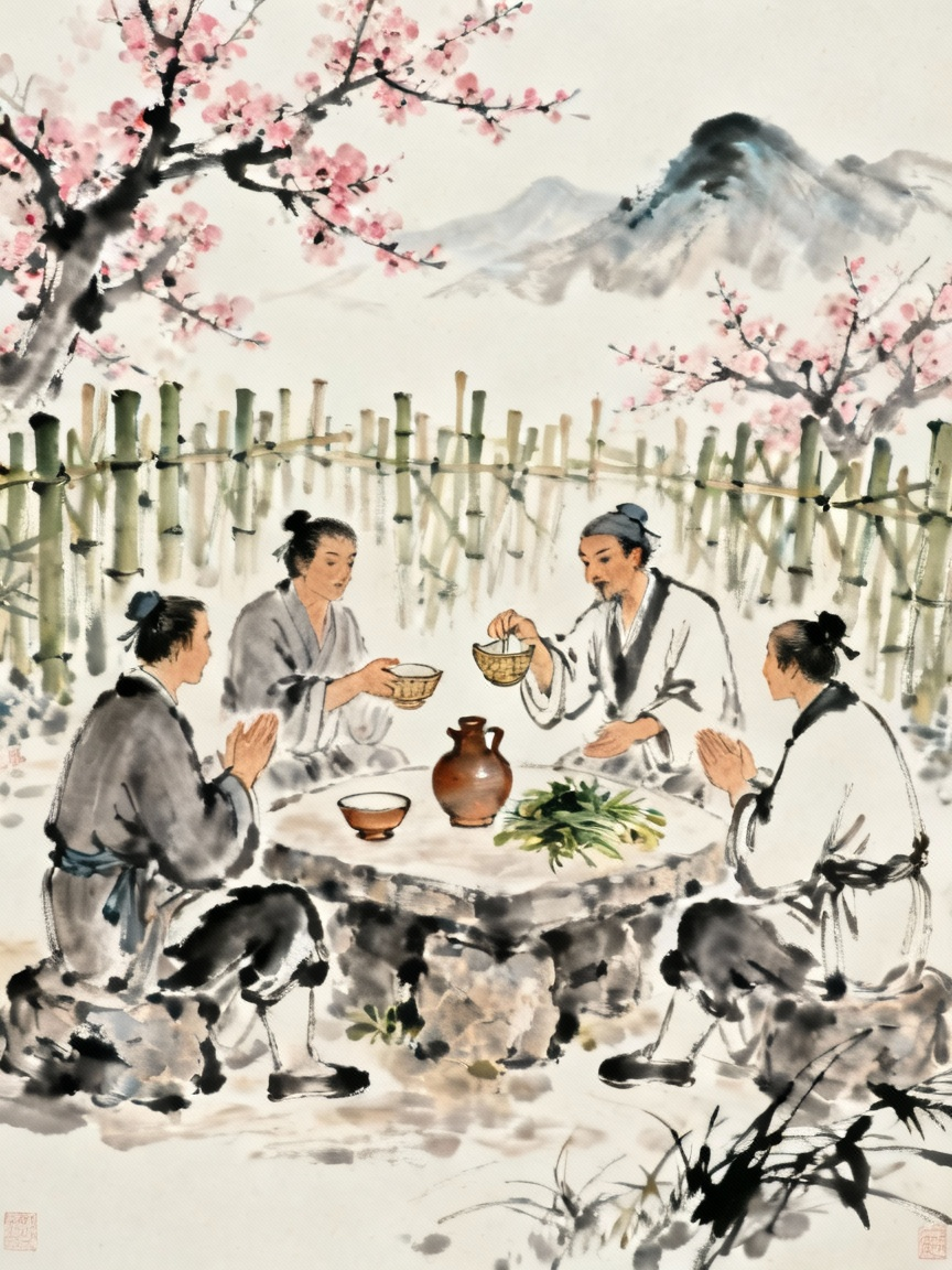 桃花源村民热情招待客人的场景