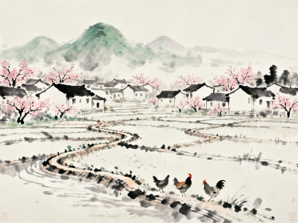 桃花源内田园风光，房屋整齐，鸡犬相闻