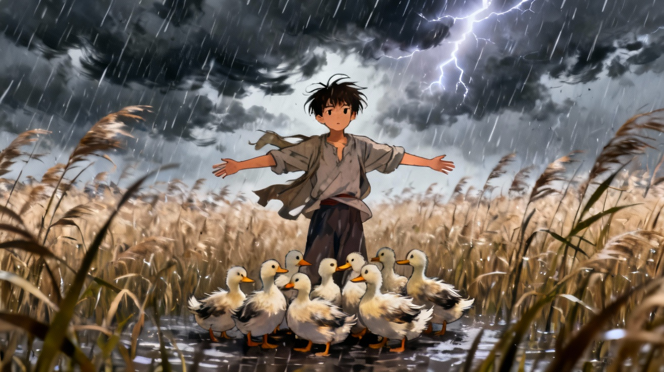 暴风雨中保护鸭群