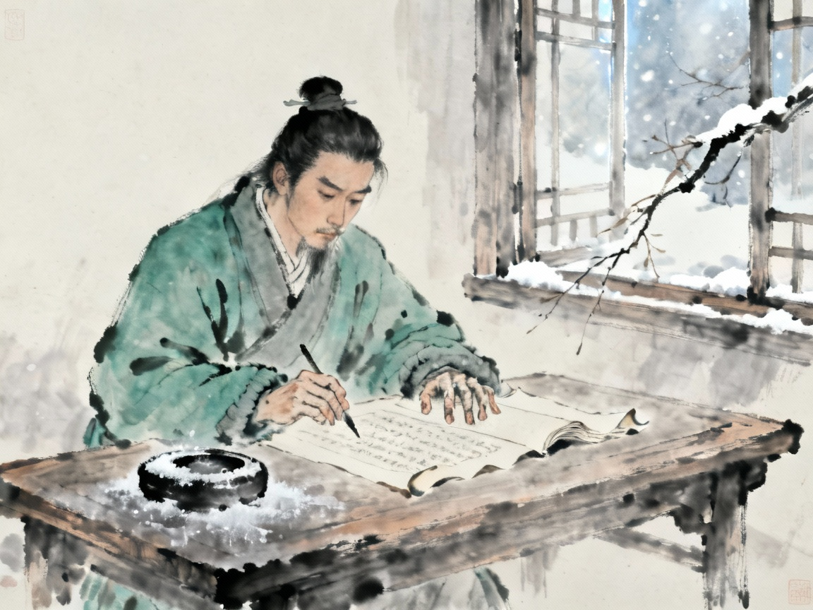 古代书生在寒冬中抄书学习