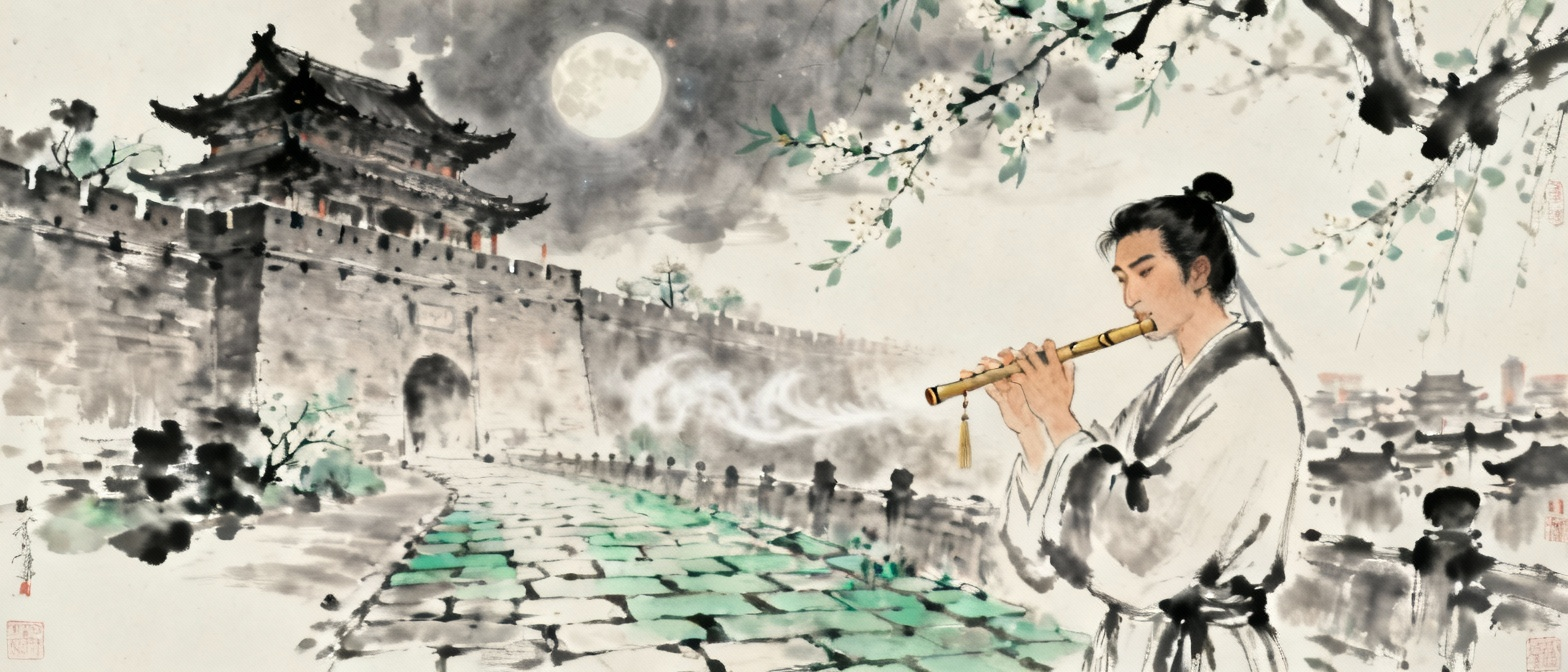 春风吹拂下笛声传遍洛阳全城的意境，古城夜景