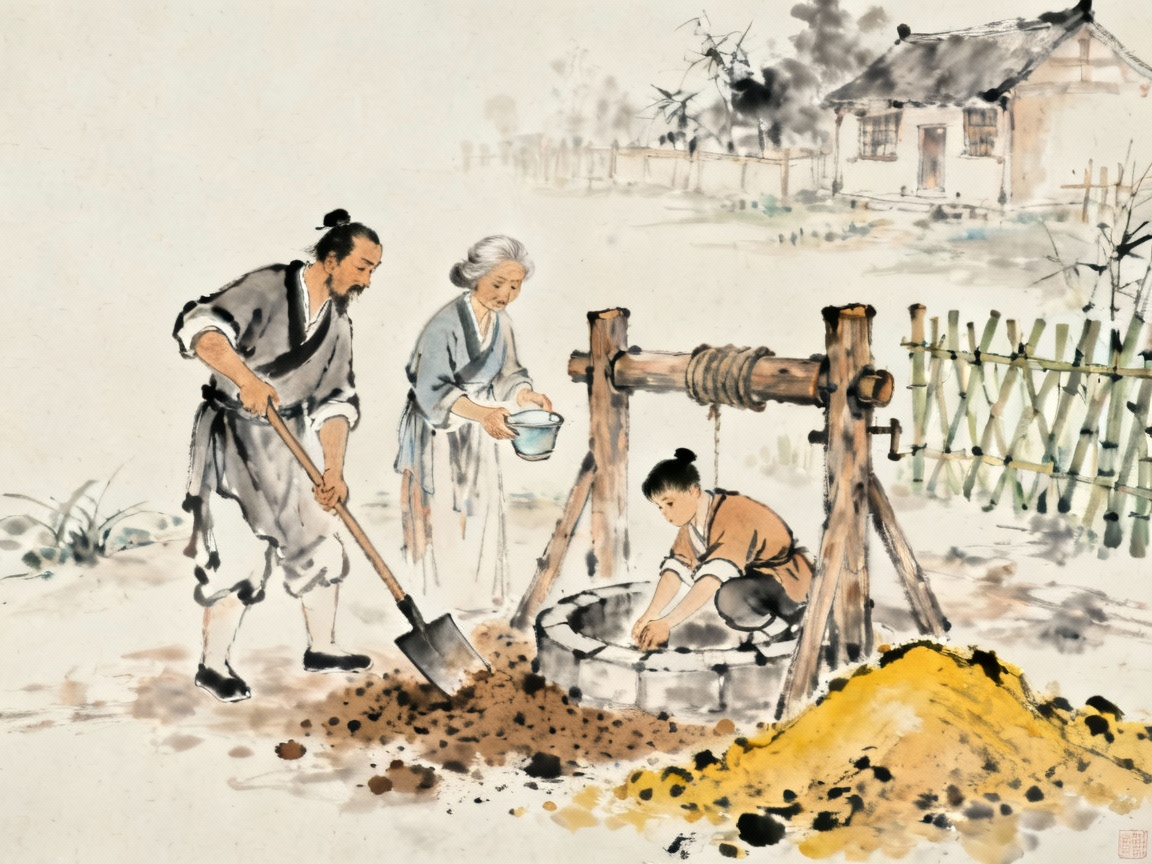 古代宋国丁氏家庭打井场景