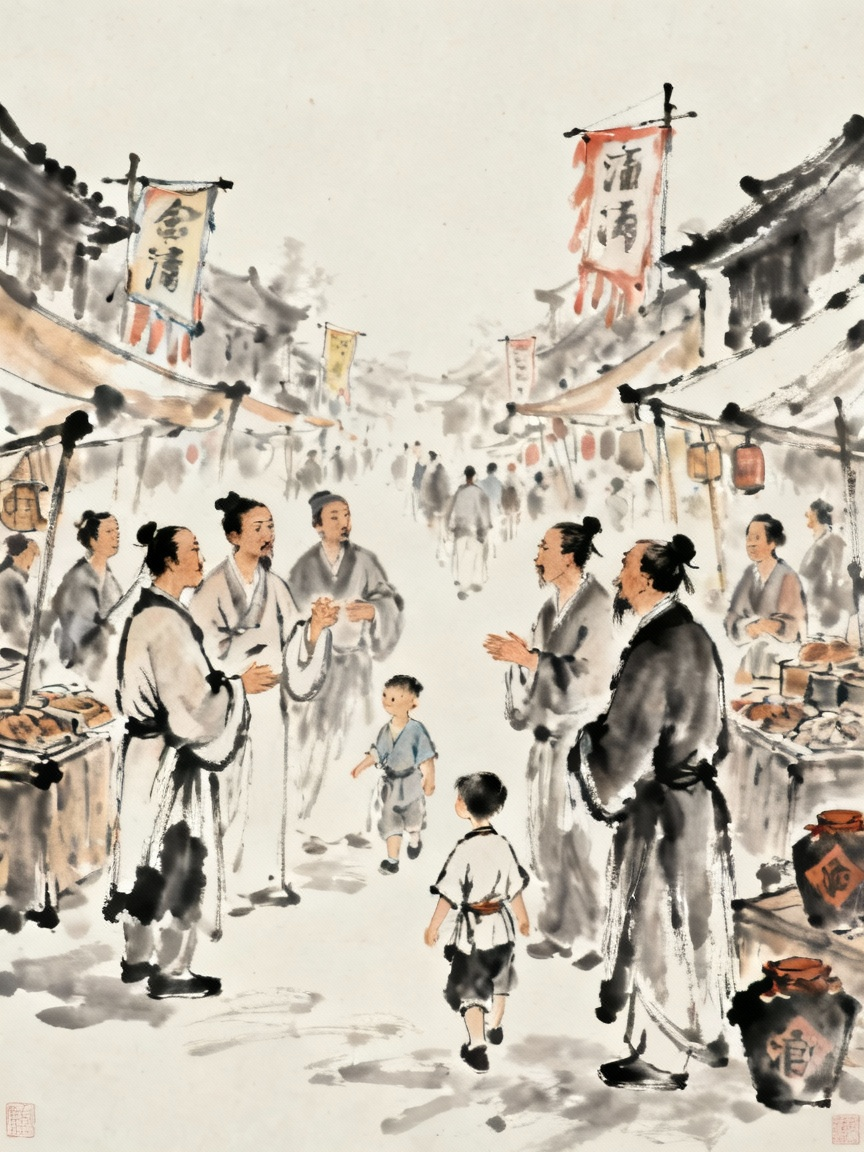 古代人们议论纷纷的市井场景