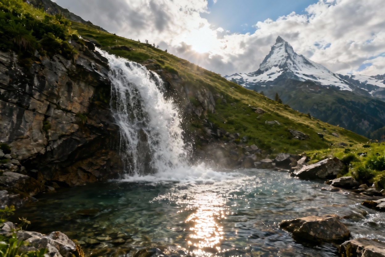 阿尔卑斯山谷溪流瀑布