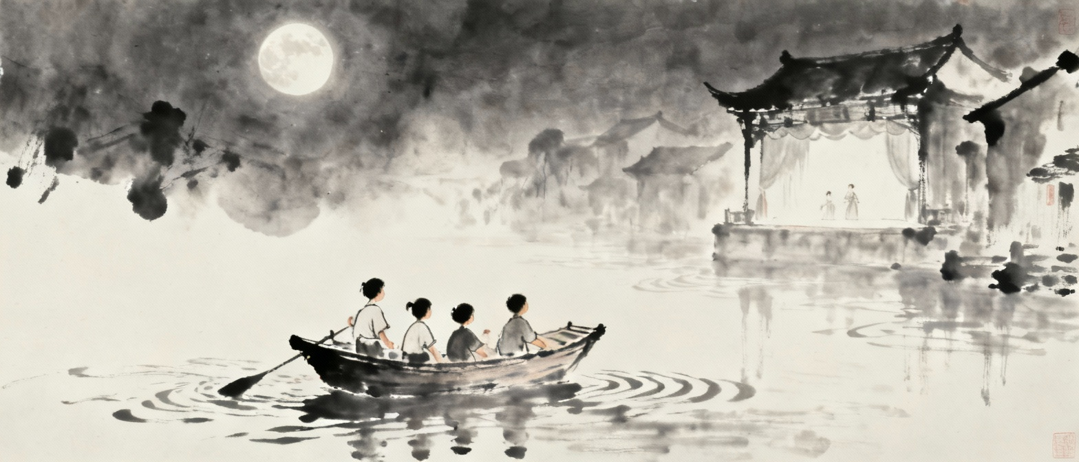 夜晚月光下的水乡