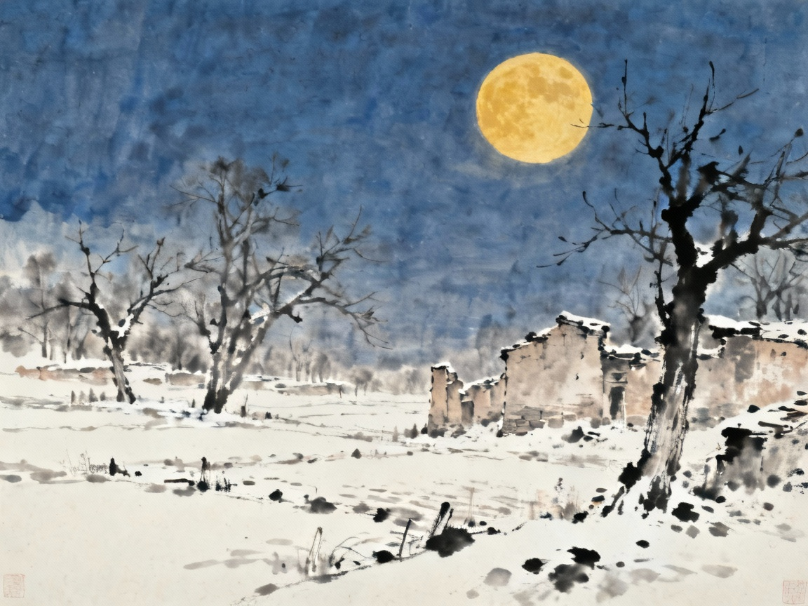 20世纪初中国农村萧索冬景，深蓝天空金黄圆月