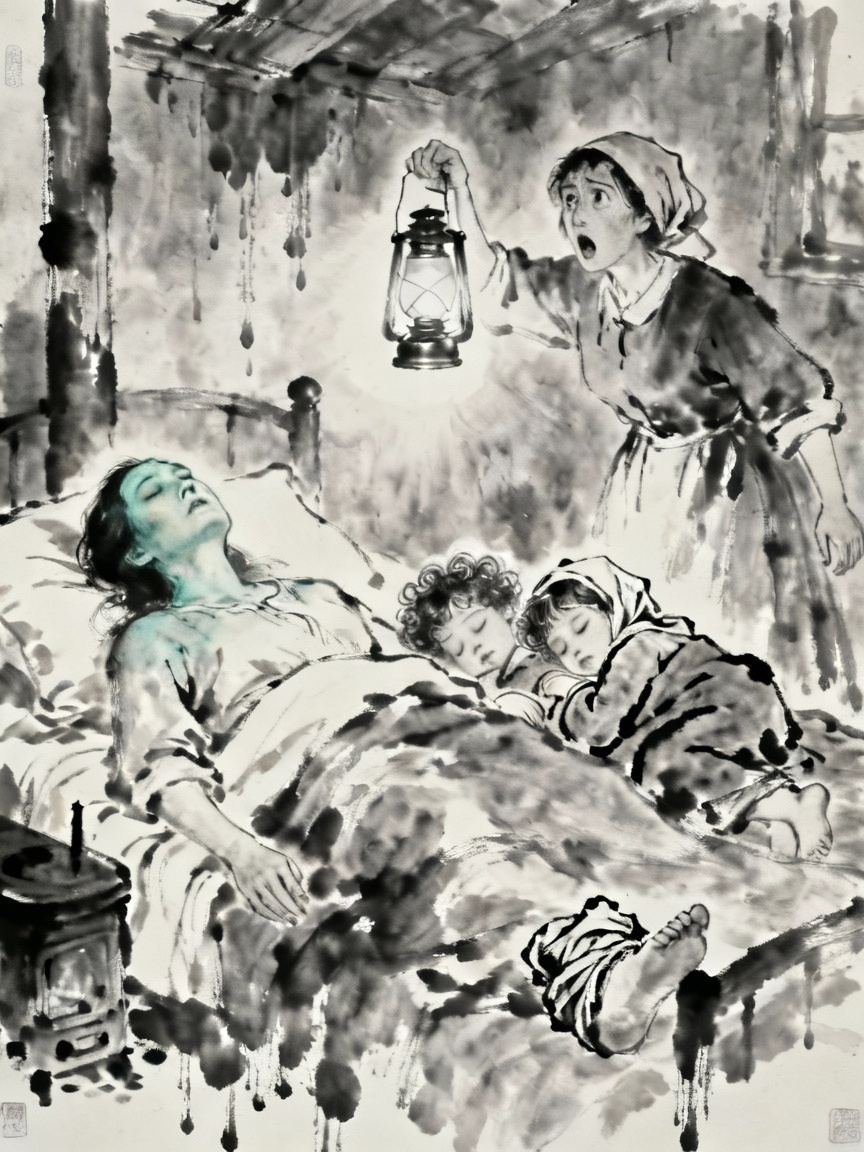 死去的女人西蒙躺在床上头往后仰着冰冷发青的脸上显出死的宁静，旁边两个熟睡的卷发小孩身上盖着旧衣服蜷缩着身子小脚被旧头巾包裹，桑娜提着马灯举起照亮表现出震惊和悲伤的神情，阴冷潮湿没有生炉子的小屋环境
