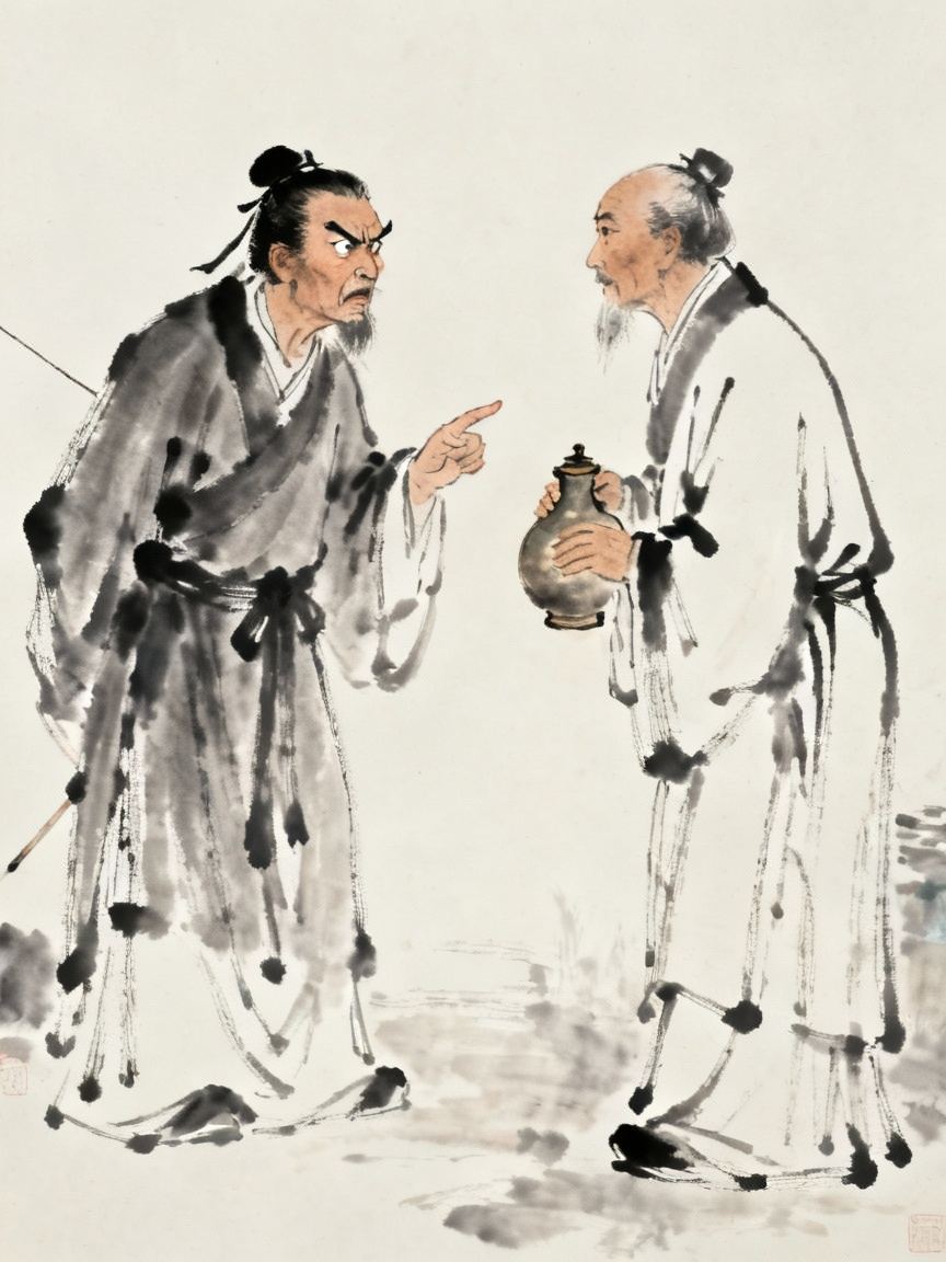陈康肃公与卖油翁对话，康肃公神情愤怒质疑