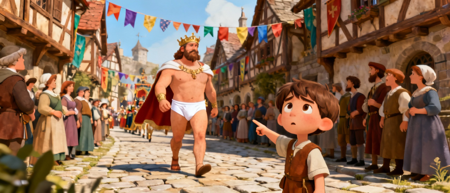 皇帝穿着白色内裤在街上游行时孩子指着他产生疑惑的场面